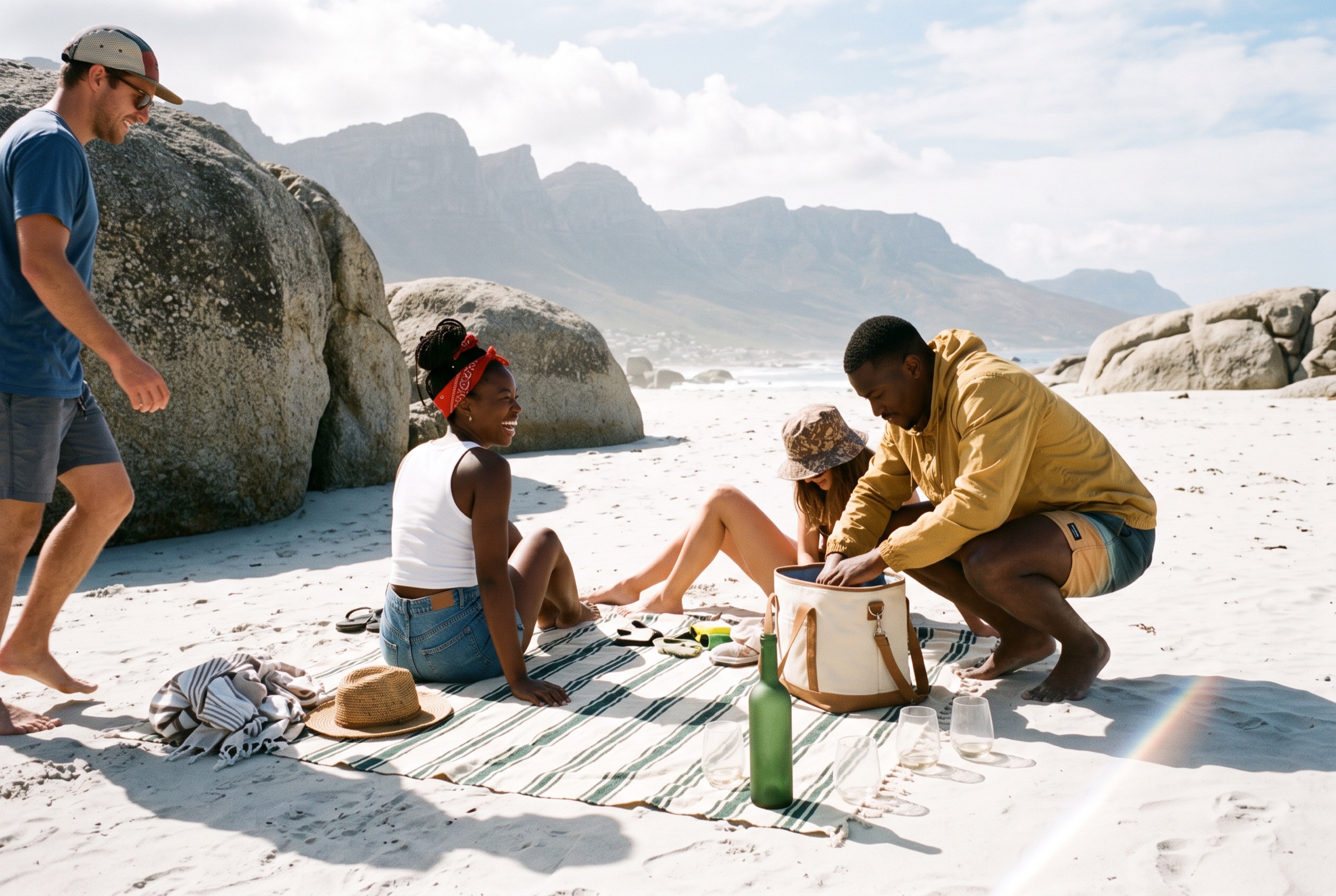 A picnic on a white sand Cape Town beach at sundowner hour