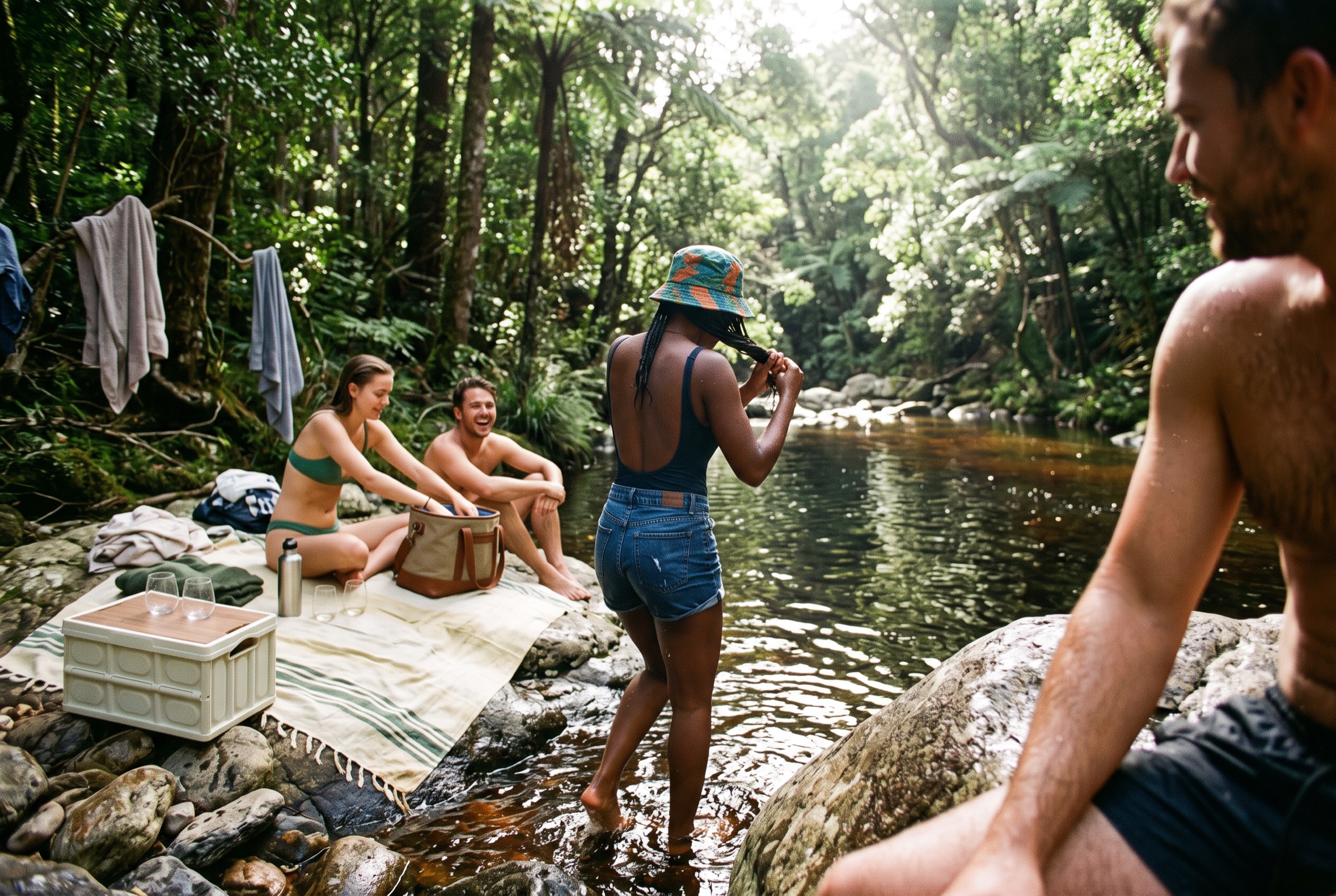 A picnic beside a dark river swimming hole in Garden Route forest