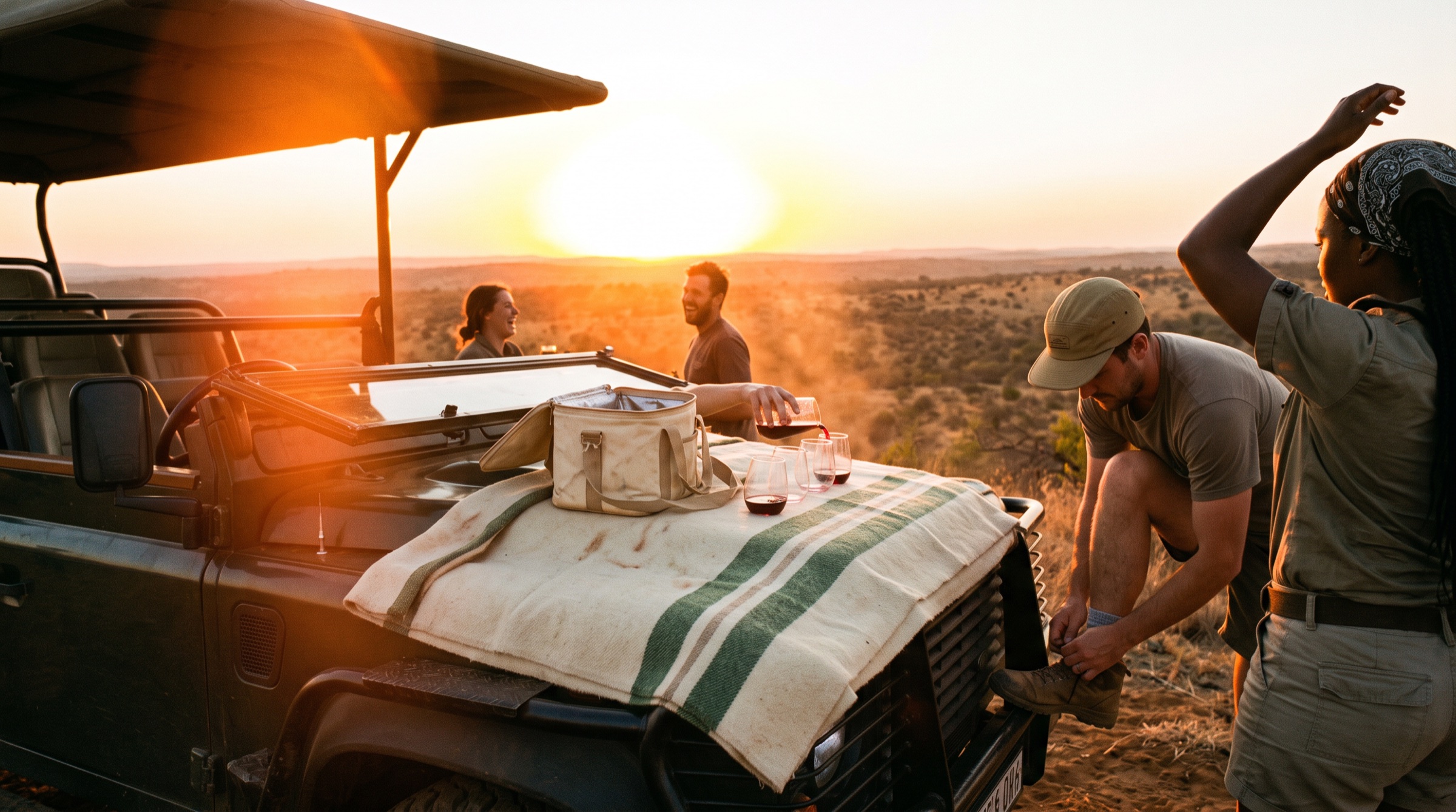 Sundowners on a game drive at sunset