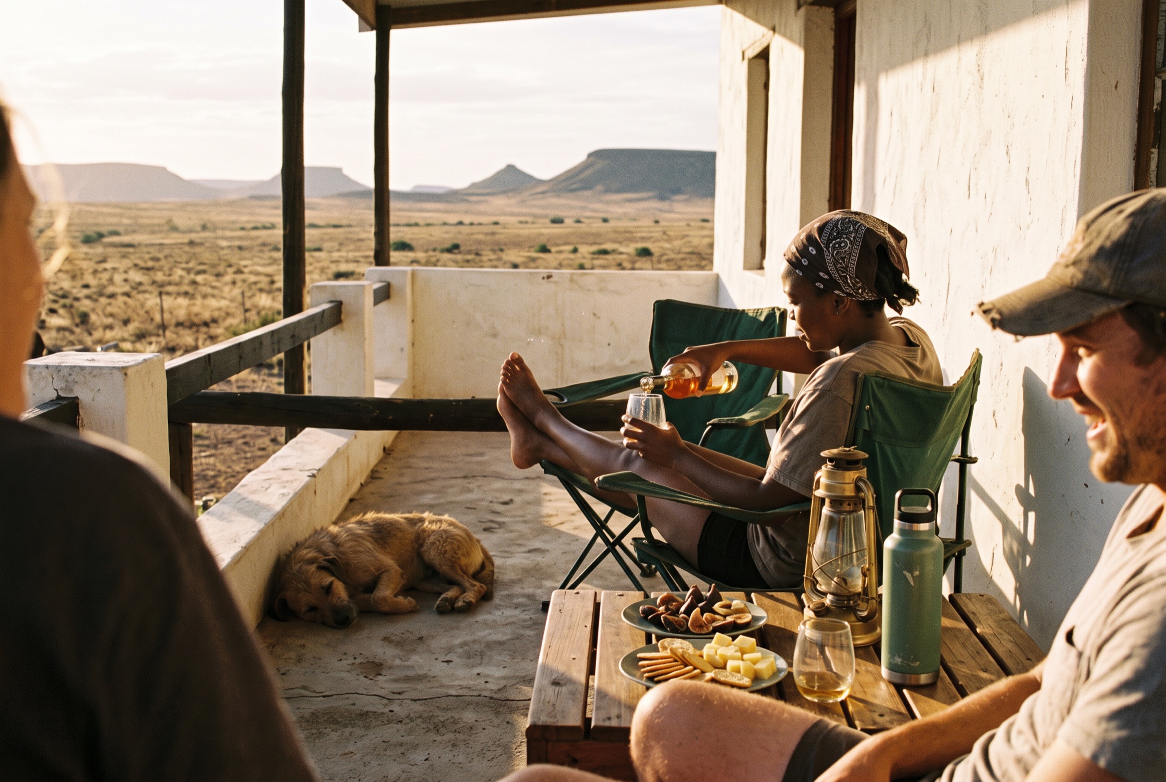 Two folding chairs on a Karoo farmhouse stoep at dusk