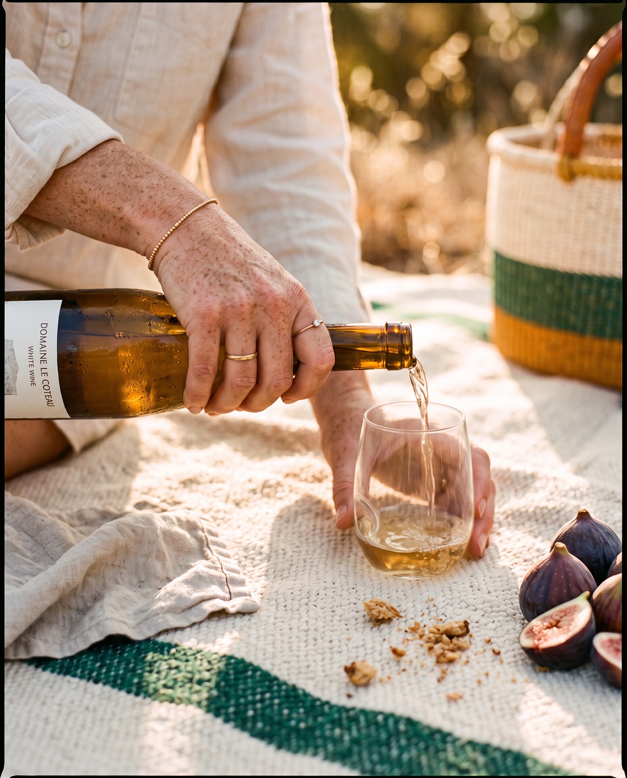 Hands pouring chilled white wine into a crystal tumbler on a woven picnic blanket