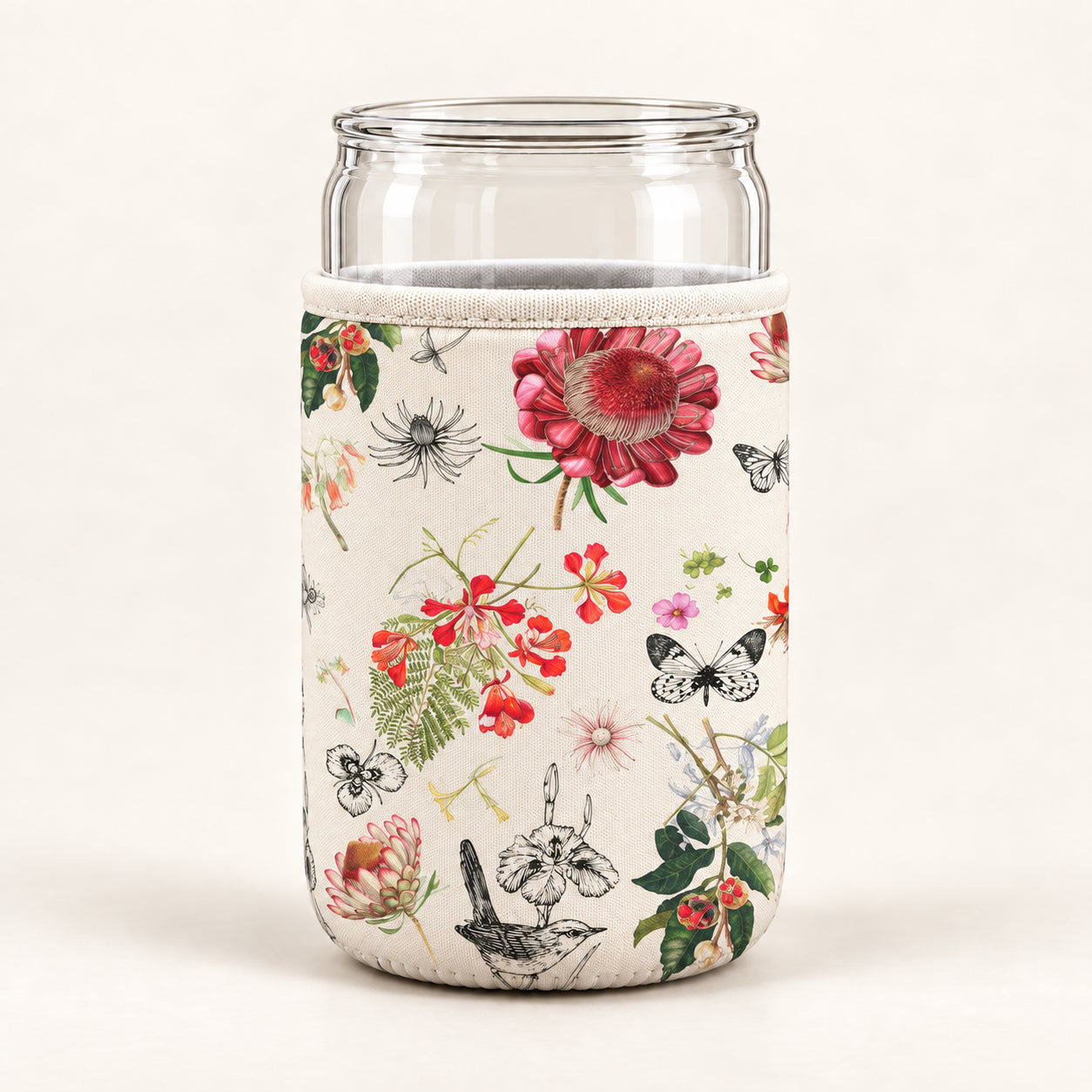 Product mockup of a cream can sleeve with colourful botanical drawings and black line-art details around a clear can-shaped vessel